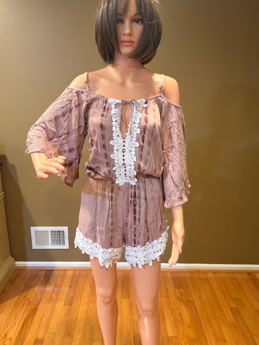 Dance & Marvel Taupe Romper with White Lace Accent